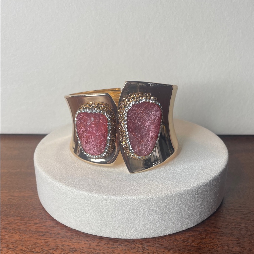 Gold Cuff Bracelet with Pink Stone Accents
